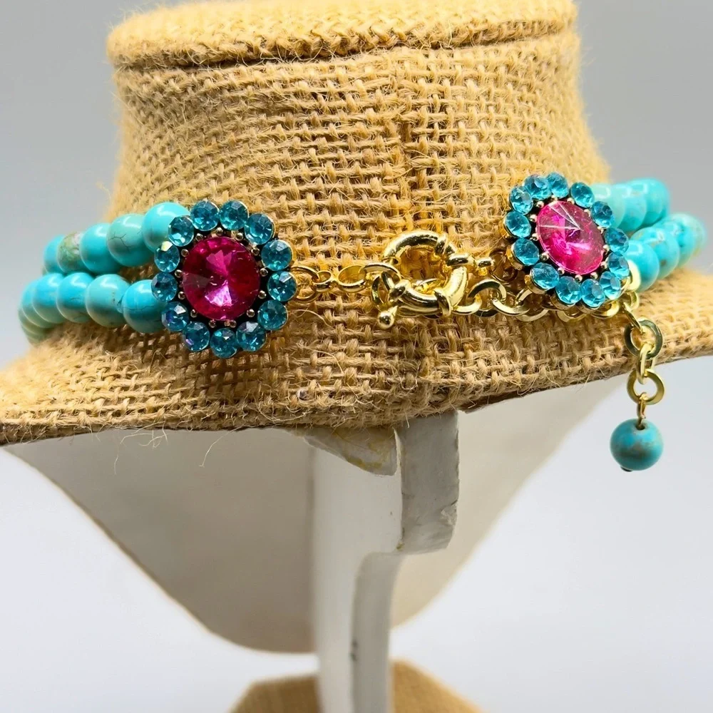 Elephant Teal Turquoise Stone and Jewel Statement Necklace 12”